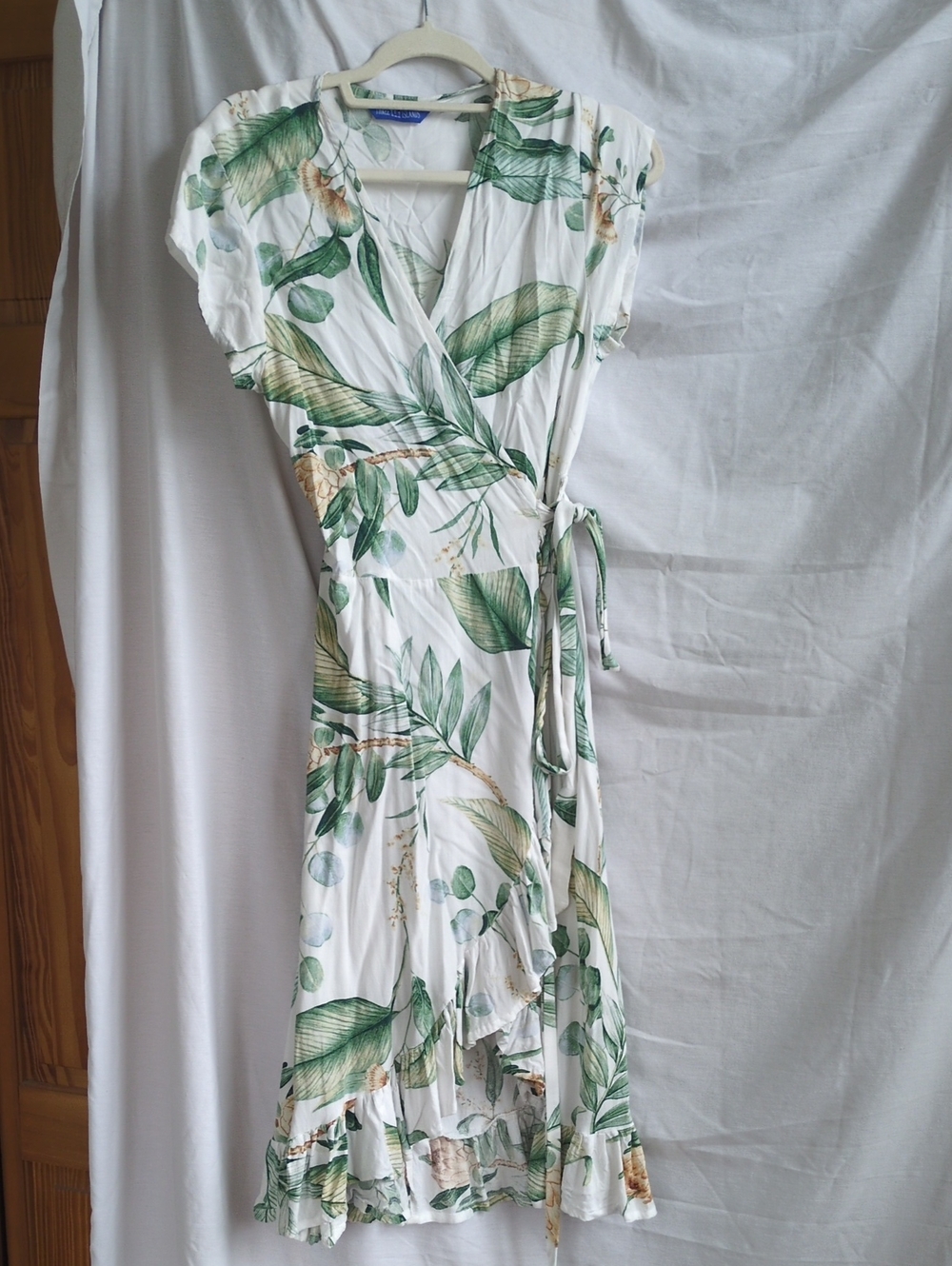Botanical Wrap Midi Dress in White and Green